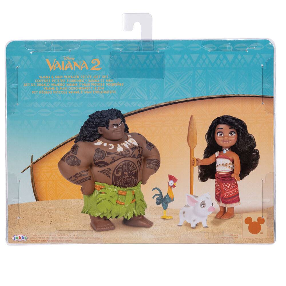 Spielzeugset mit Figuren inspiriert von einem tropischen Abenteuer: eine starke Figur mit Tattoos, ein Mädchen mit langen Haaren, ein Hahn und ein Schwein.