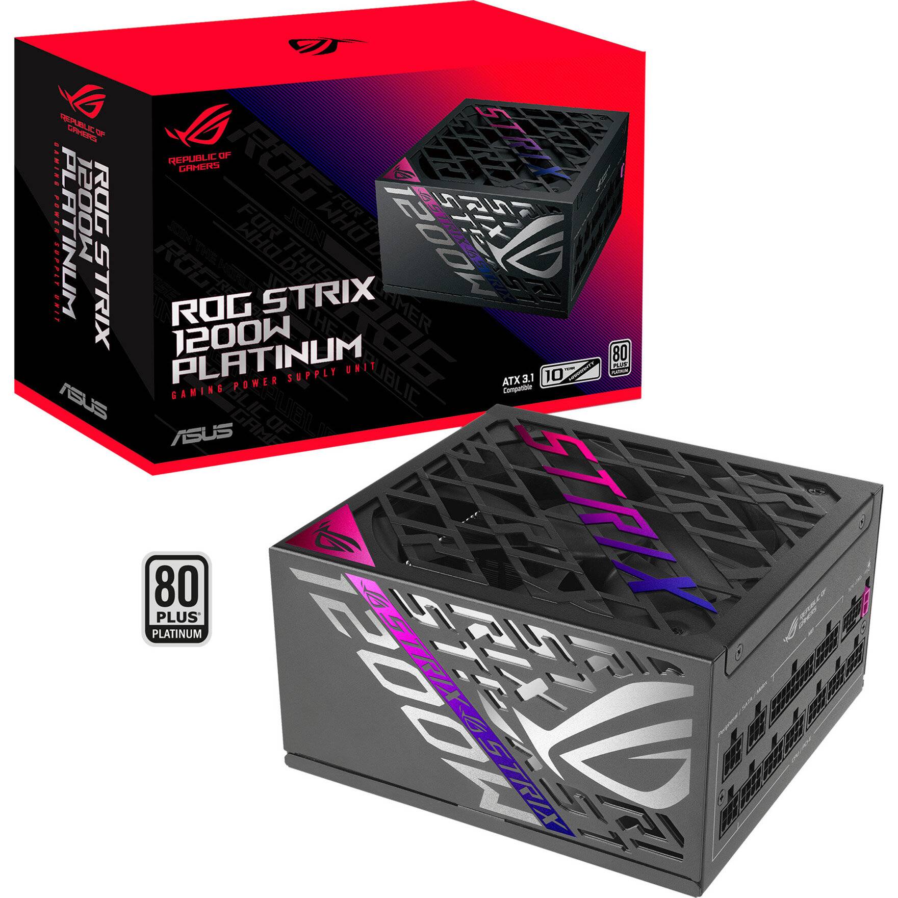 Netzteil 'ROG Strix 1200W Platinum' und Verpackung, das ein schwarzes und graues Netzteildesign mit '80 Plus Platinum'-Zertifizierung präsentiert.