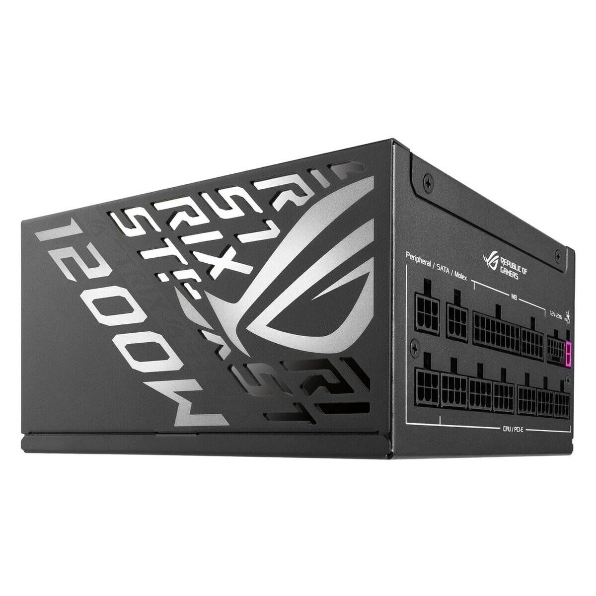 Ein ASUS ROG Strix 1200W Netzteil mit modularen Anschlüssen, ausgestattet mit ASUS-Branding und elegantem schwarzem Design.