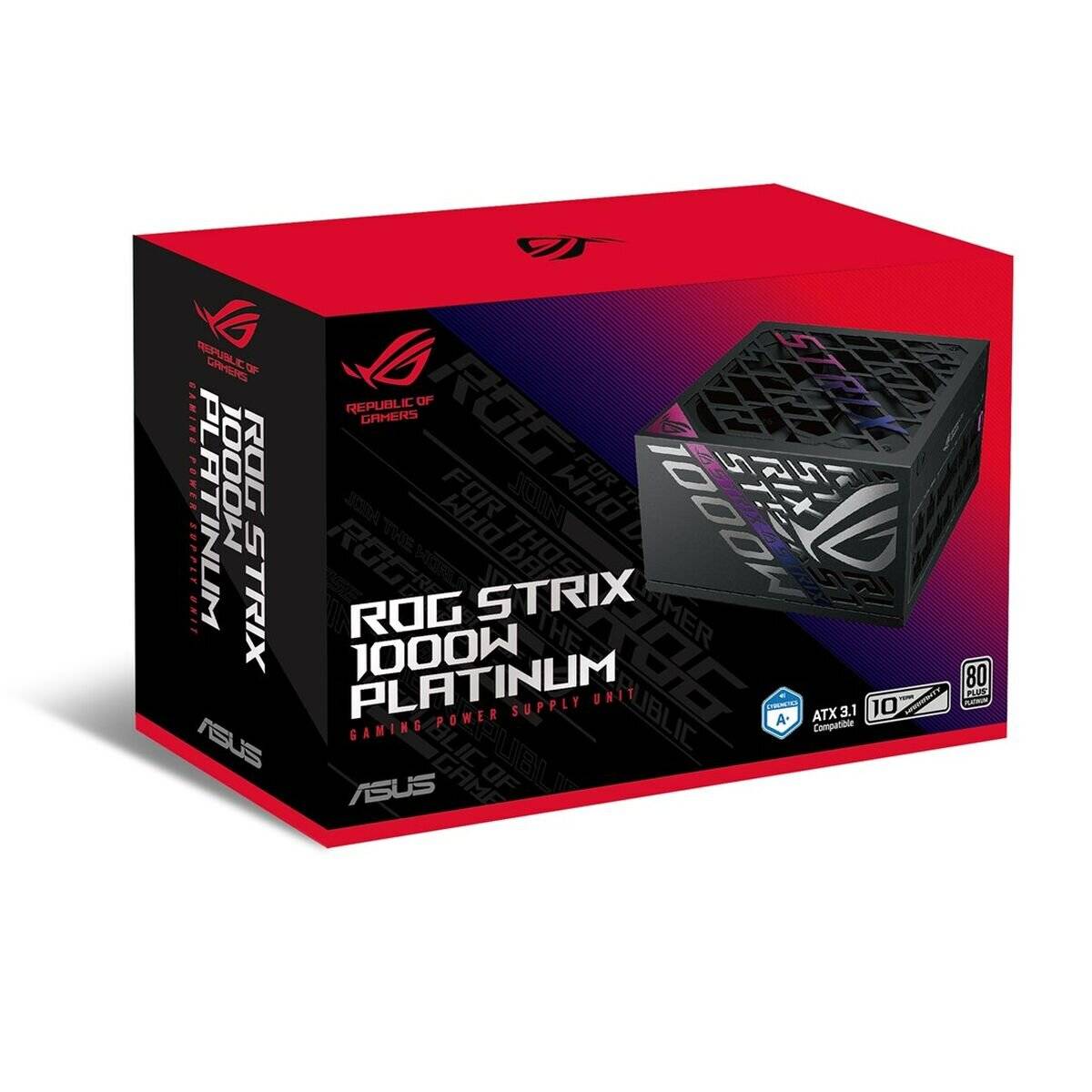 ROG Strix 1000W Platinum' Netzteil-Box in Schwarz und Rot, die ein Produktbild, Logos, Wattzahl und wichtige technische Spezifikationen zeigt.
