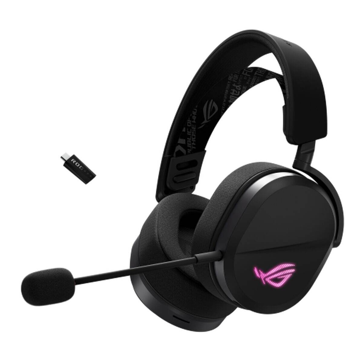 Drahtloses Gaming-Headset mit schwarzem Over-Ear-Design, angebrachtem Mikrofon und USB-Dongle; mit RGB-Beleuchtung und Logo.