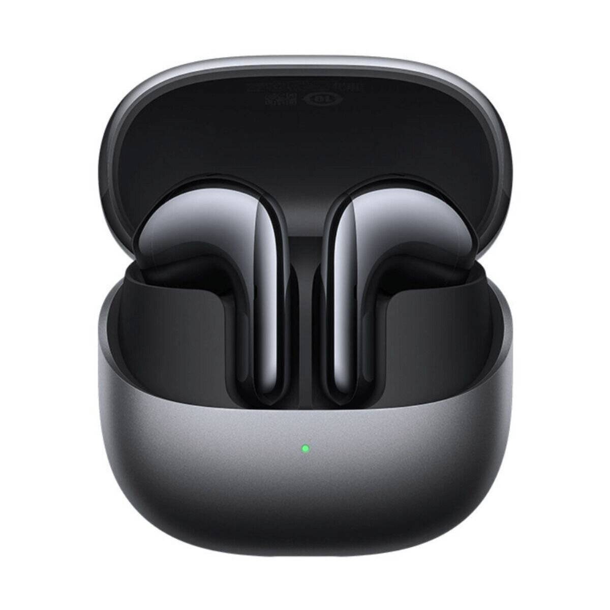Ein Paar elegante schwarze kabellose Ohrhörer in einem geöffneten Ladecase mit grüner Anzeigelampe, die modernes Design und Technologie präsentieren.