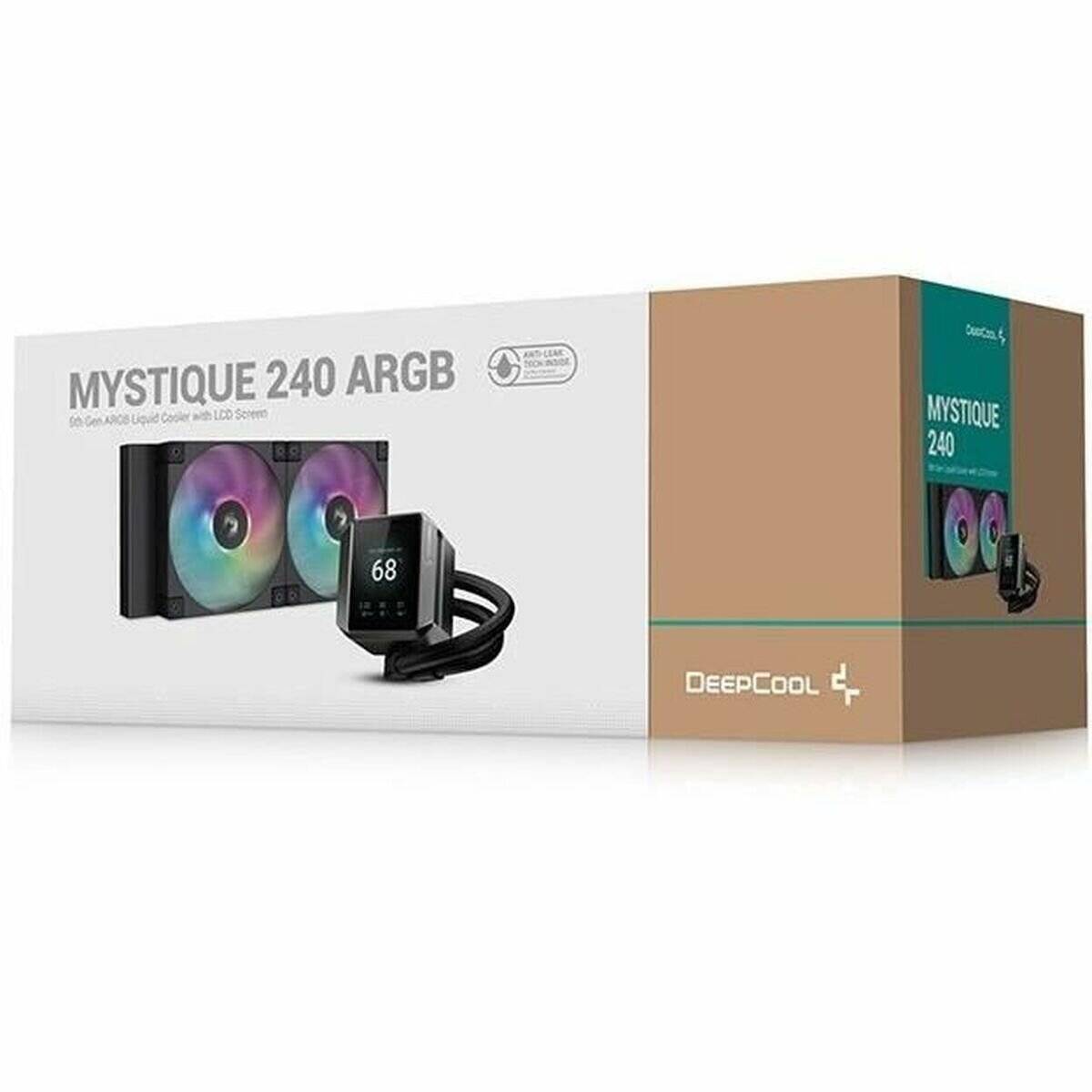 Deepcool Mystique 240 ARGB Verpackung zeigt einen Doppellüfter-Flüssigkeitskühler mit LED-Display, der Kühlungsfunktionen und Design hervorhebt.