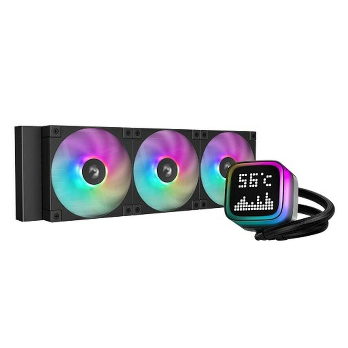 Flüssigkeits-CPU-Kühler mit drei RGB-Lüftern und einem digitalen Display, das '58°C' anzeigt.