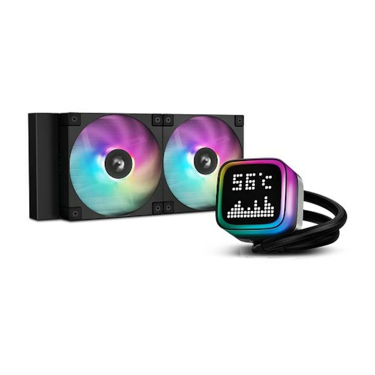 Doppellüfter-Flüssigkühlsystem mit RGB-Beleuchtung und digitalem Display, das die CPU-Temperatur in Grad Celsius anzeigt.