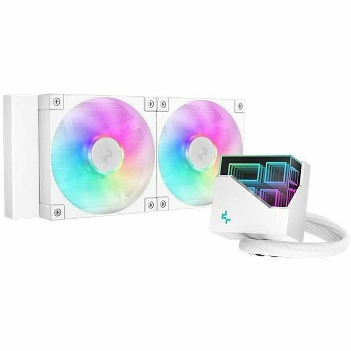Ein weißes Computerkühelsystem mit Dual-RGB-beleuchteten Lüftern und einer stilvollen Pumpeneinheit mit bunter Beleuchtung, geeignet für High-End-Setups.