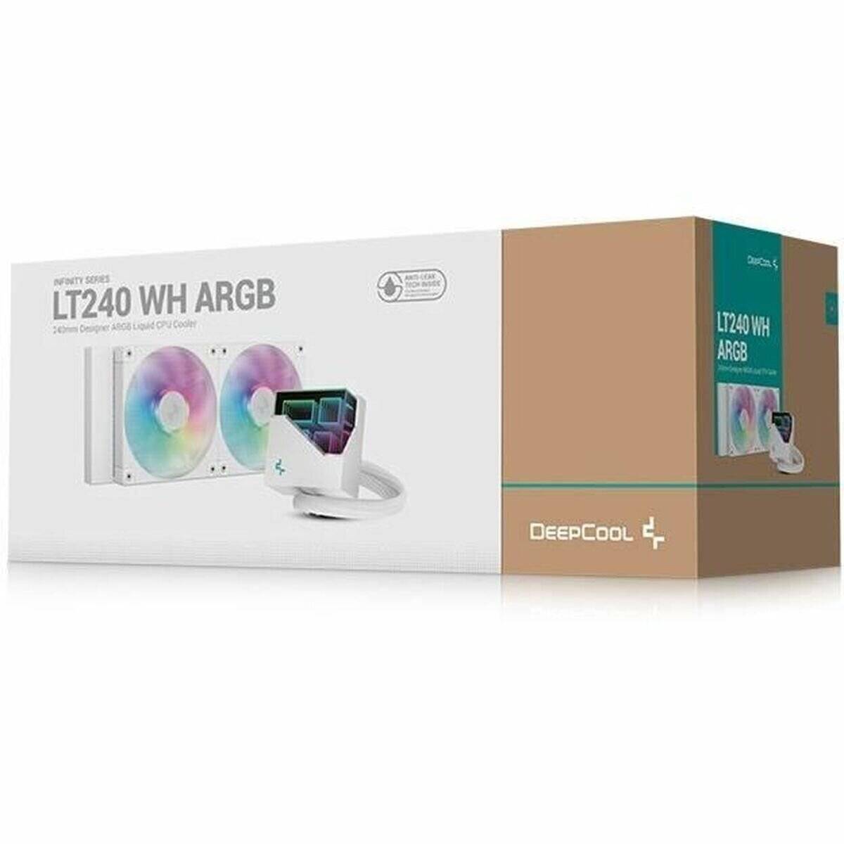 DeepCool Infinity Series LT240 WH ARGB CPU-Kühler in weißer Verpackung, die Bilder von zwei Lüftern mit Regenbogen-Beleuchtungseffekten zeigt.