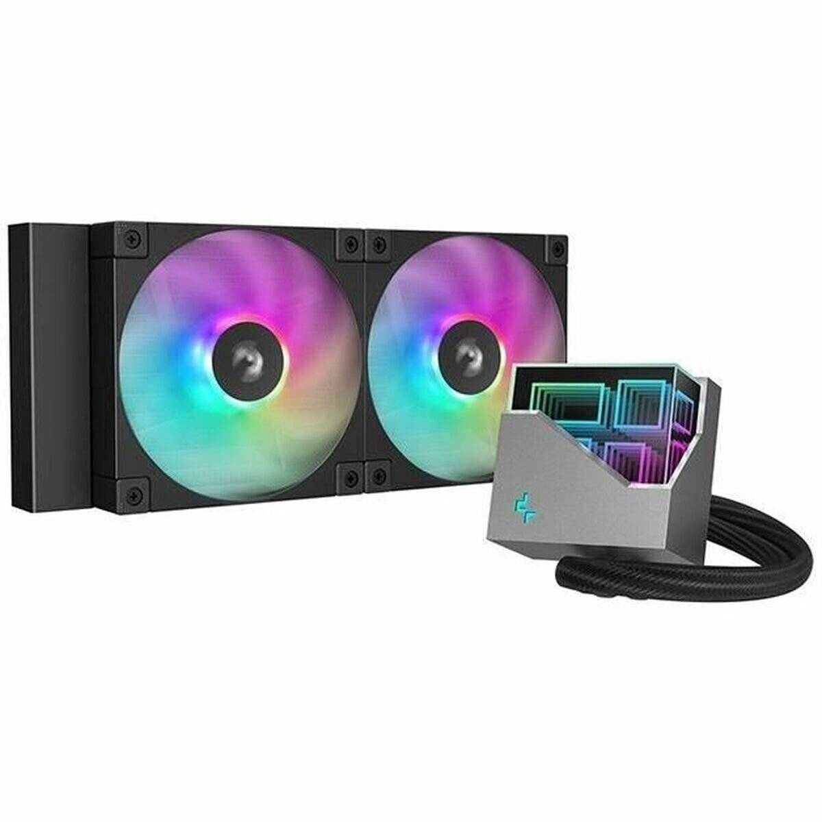PC-Wasserkühlung mit doppelten RGB-Lüftern und einer schlanken rechteckigen Pumpe, entwickelt für effizientes Wärmemanagement.