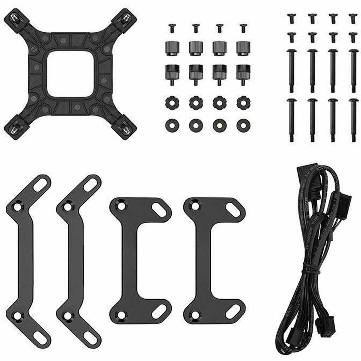 Hardware-Installationsset mit Schrauben, Halterungen und Kabeln, sorgfältig für den Zusammenbau angeordnet.