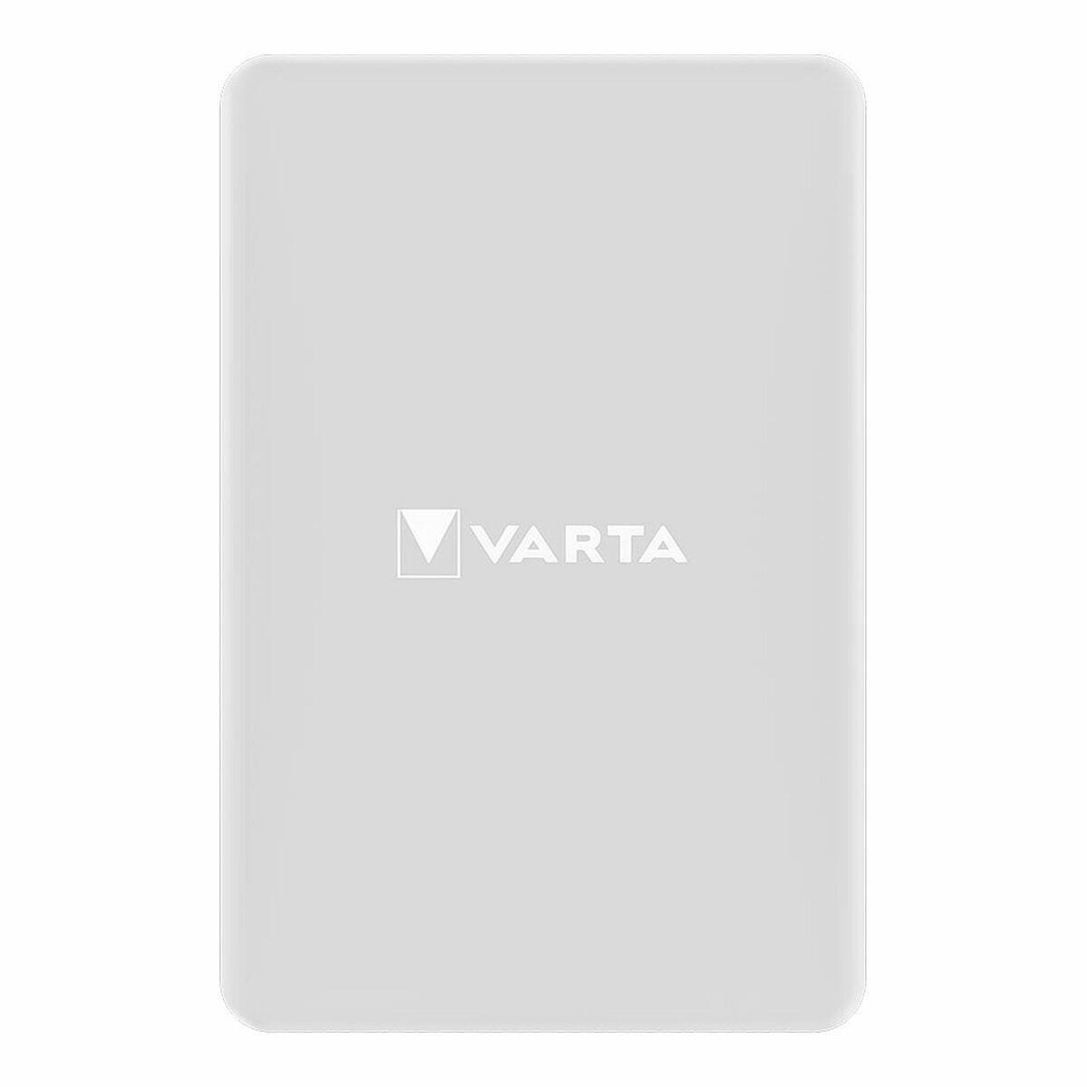 Rechteckige Varta Powerbank, hellgrau, von oben betrachtet.