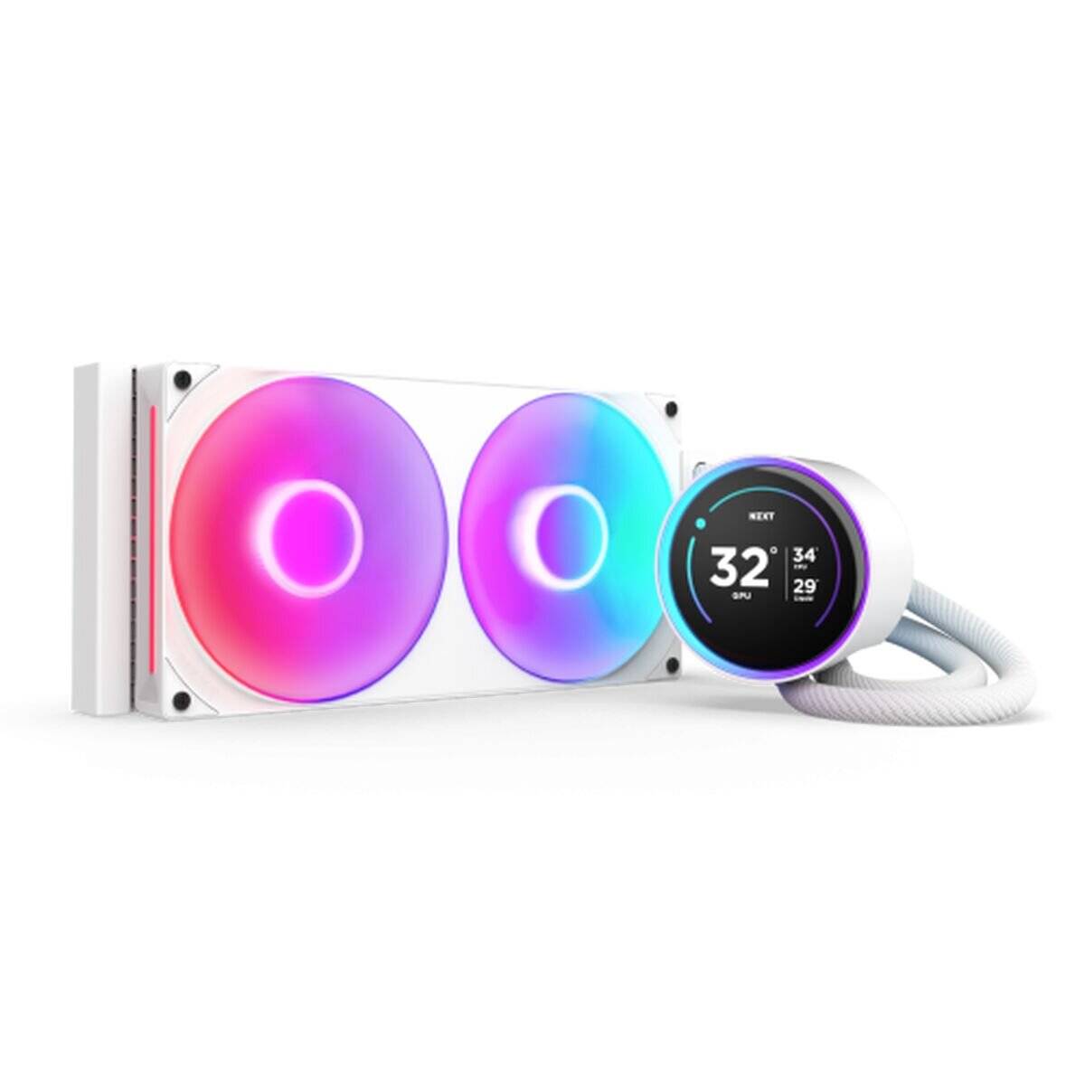 Computerkühlung mit zwei RGB-Lüftern und einem digitalen Display, das die Temperatur '32°C' und Geschwindigkeitseinstellungen 'Lüfter 34 RPM' anzeigt.