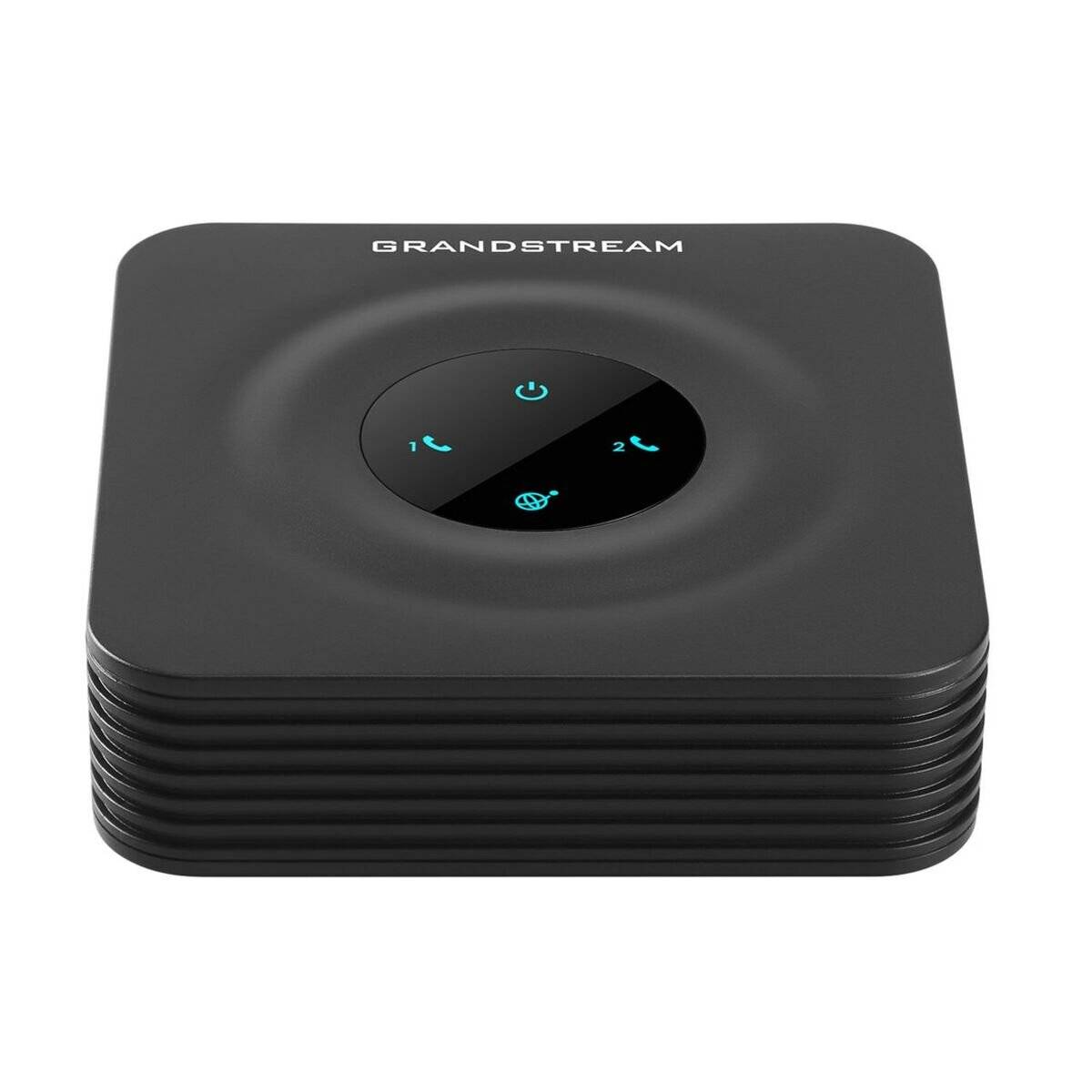 Grandstream-Gerät mit LED-Anzeigen, die den Stromstatus, die Internetverbindung und den Telefonleitungsstatus auf einem zentralen schwarzen kreisförmigen Panel zeigen.