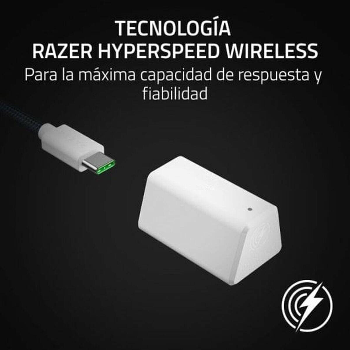 Razer Hyperspeed Wireless-Technologie fördert maximale Reaktionsfähigkeit und Zuverlässigkeit. Bild zeigt einen USB-Anschluss und ein drahtloses Symbol.