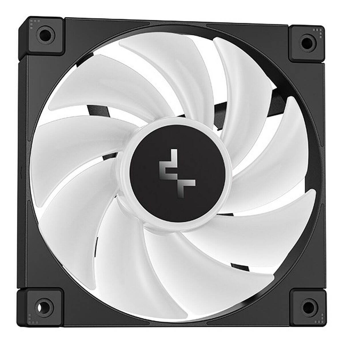 Ein Computerlüfter mit schwarzem Rahmen und weißen Rotorblättern, der ein Logo in der Mitte trägt und darauf ausgelegt ist, den Luftstrom und die Kühleffizienz zu verbessern.