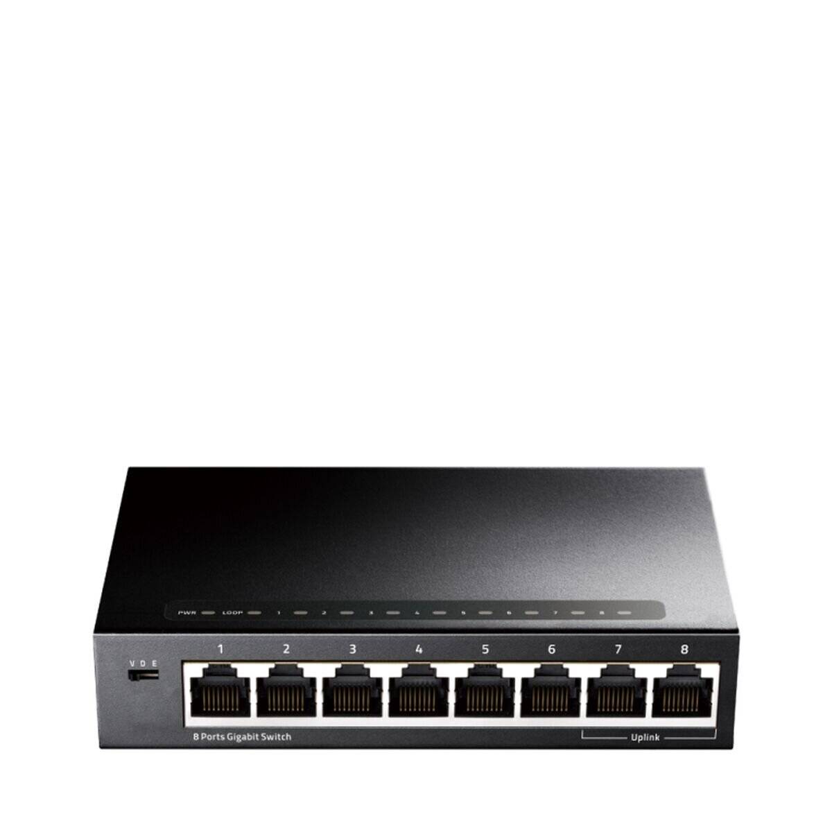 Ein 8-Port-Gigabit-Netzwerk-Switch mit beschrifteten Ports, Frontansicht.