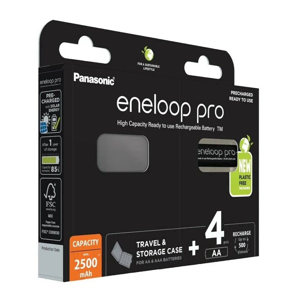 Panasonic eneloop pro' Akku-Pack mit vier AA-Batterien, 2500 mAh Kapazität, inklusive Reise- und Aufbewahrungstasche.