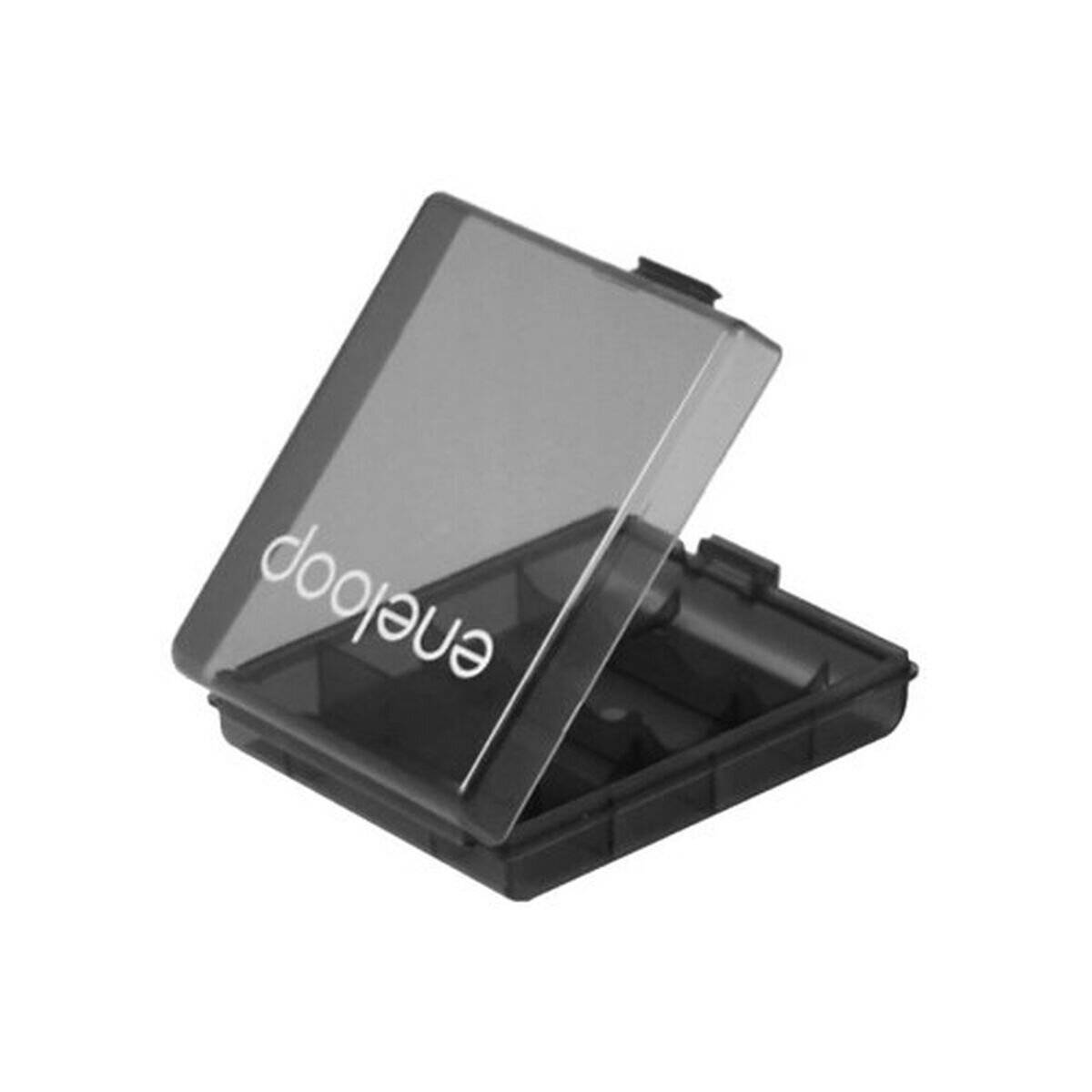 Eine schwarze Batterie-Aufbewahrungsbox mit dem Aufdruck 'eneloop' auf dem teilweise geöffneten transparenten Deckel, die entwickelt wurde, um mehrere Batterien sicher zu halten.