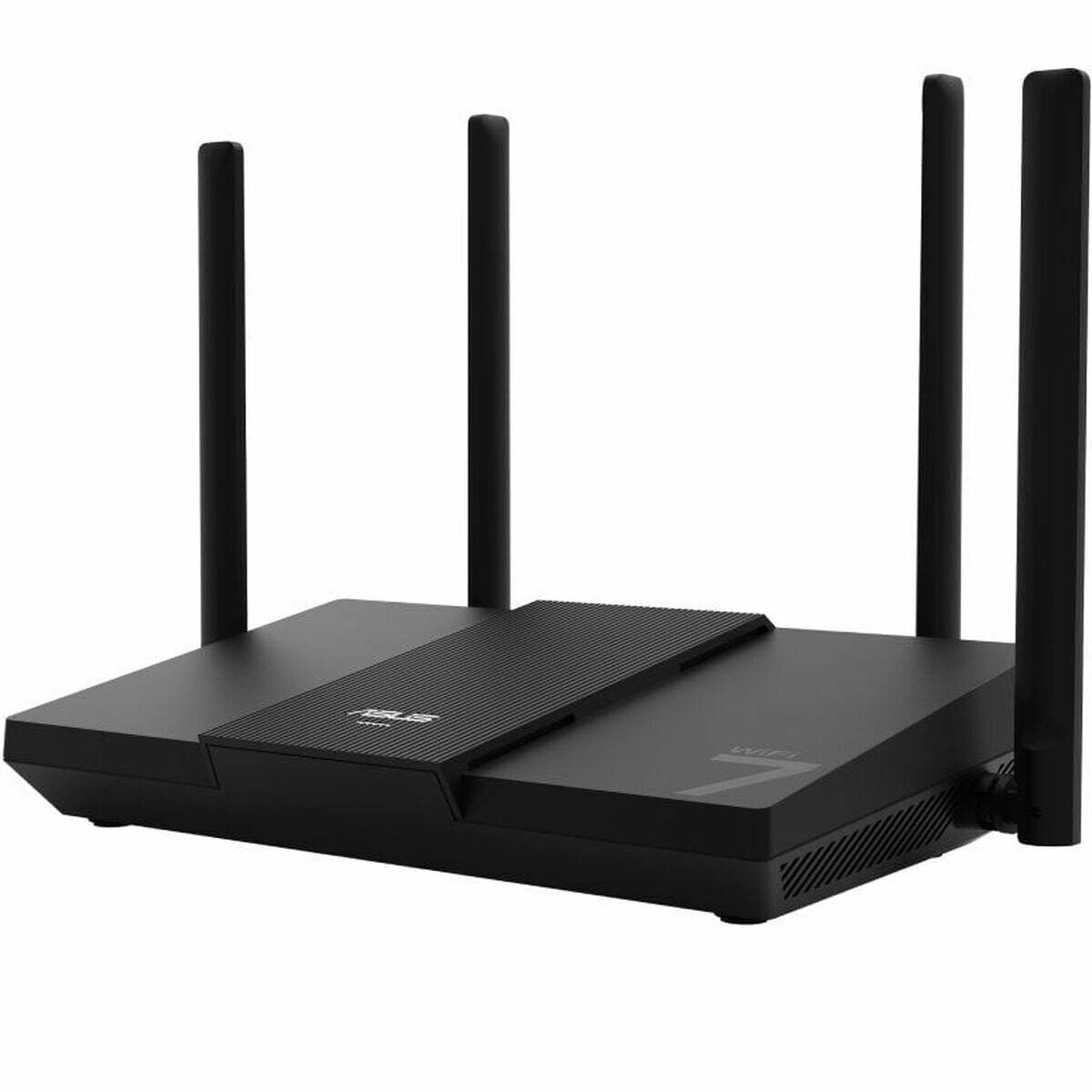 Ein schwarzer drahtloser Router mit mehreren Antennen, der ein digitales Display an der Vorderseite hat, das die Netzwerkstärke und Konnektivität anzeigt.