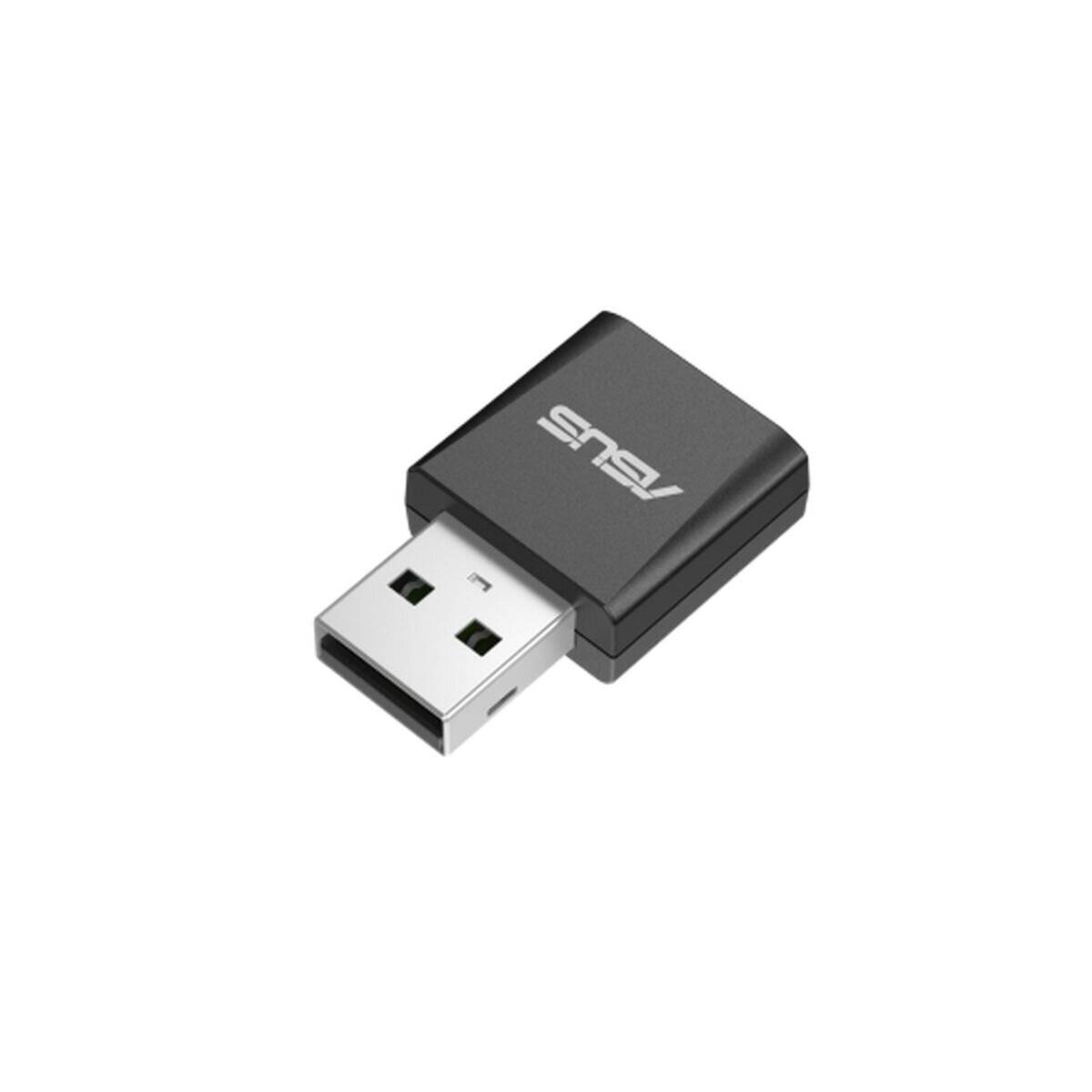 Ein kompakter, schwarzer USB-WLAN-Adapter mit 'ASUS'-Branding auf der Oberseite. Er ist für die drahtlose Konnektivität von Computern oder Geräten konzipiert.