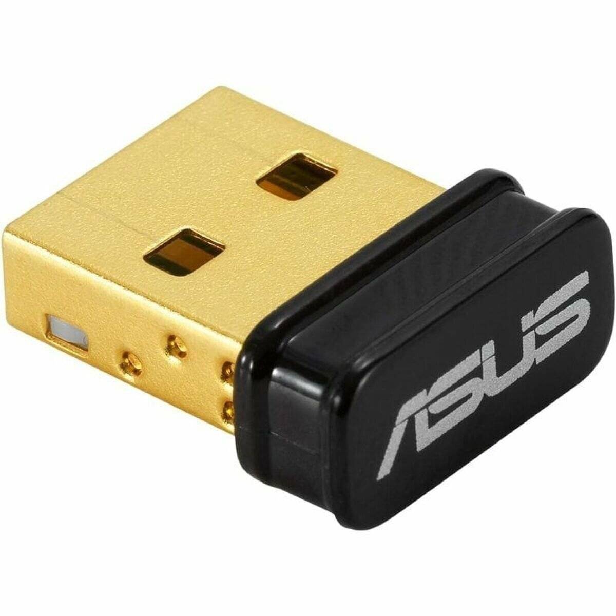 Ein kleines, vergoldetes USB-Gerät mit einer schwarzen Kappe, auf der der Text 'ASUS' angezeigt wird.