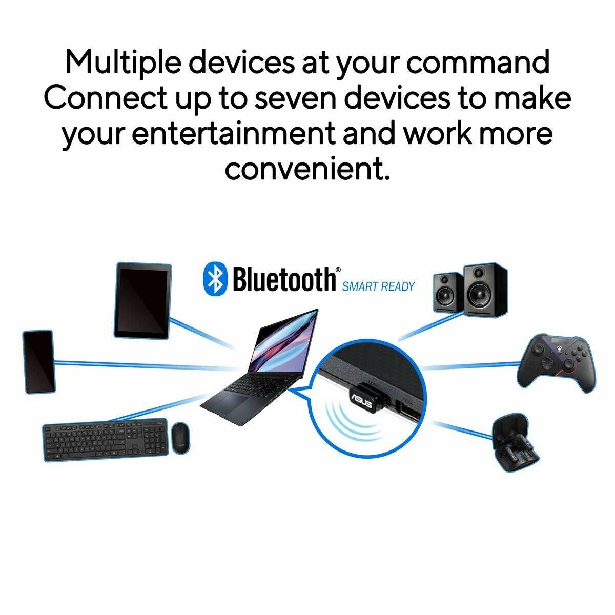 Ein 'Bluetooth Smart Ready'-Gerät verbindet sich drahtlos mit einem Laptop, Smartphone, Tablet, Lautsprecher, Gamepad, Headset und Tastatur und unterstützt bis zu sieben Geräte für maximale Benutzerfreundlichkeit.