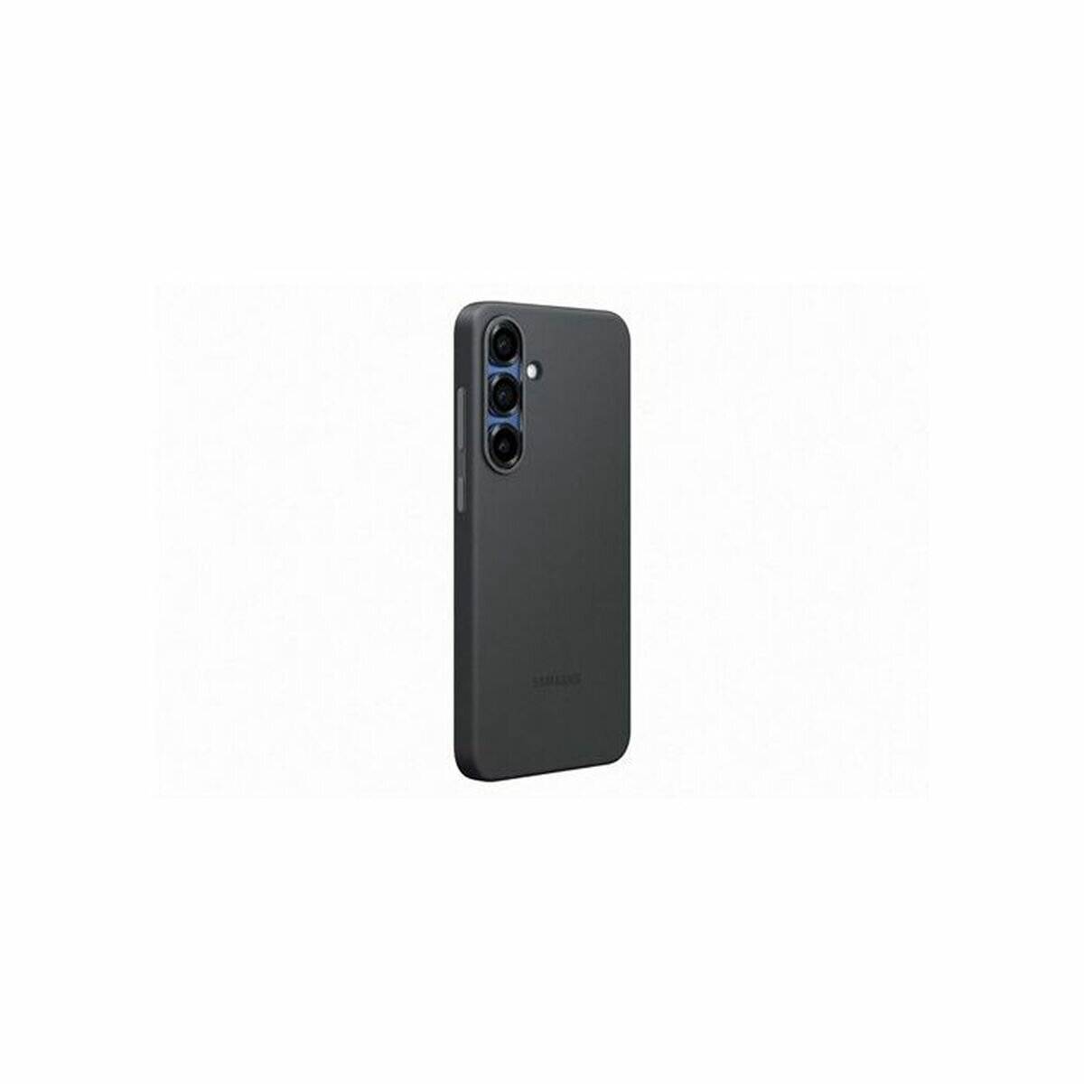 Ein schlankes schwarzes Smartphone mit einem Dual-Kamera-Setup auf der Rückseite. Das Telefon steht aufrecht vor einem einfarbigen weißen Hintergrund.