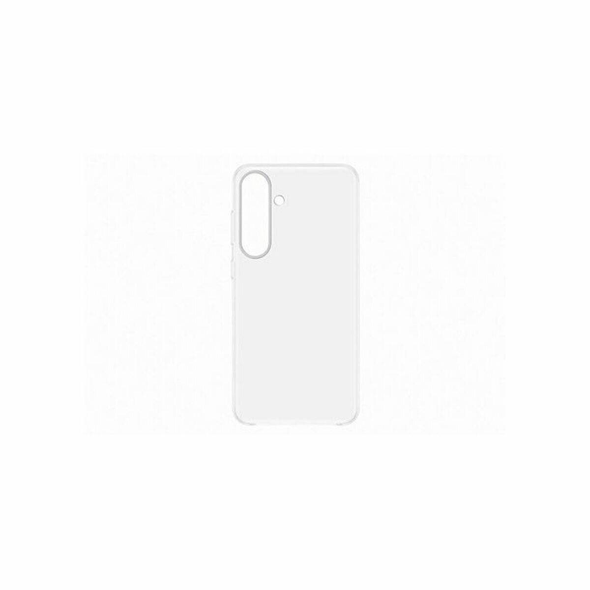 Eine durchsichtige Smartphone-Hülle mit vertikalem Kameraausschnitt auf weißem Hintergrund.