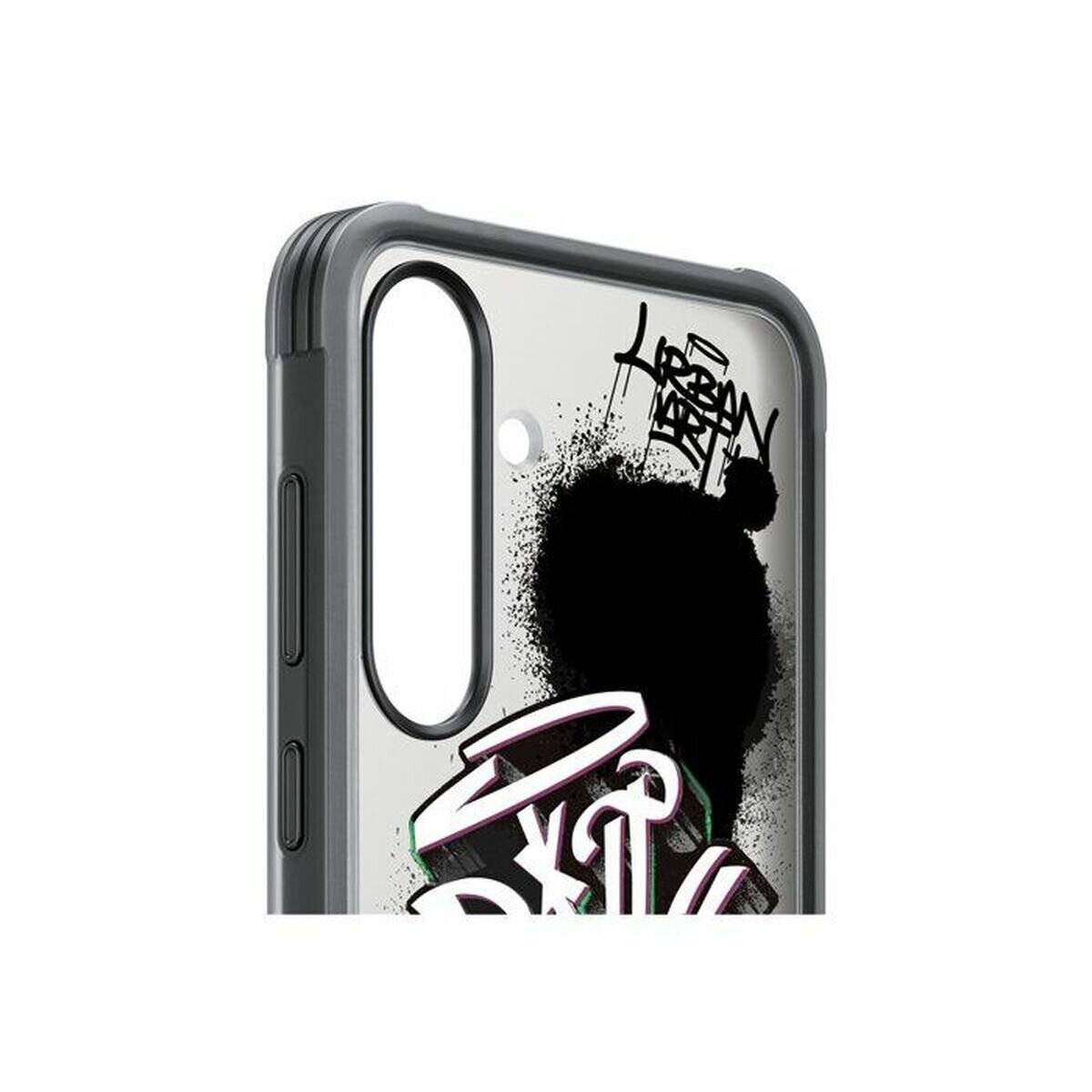 Nahaufnahme einer Smartphone-Hülle mit einem Graffiti-artigen Design, das fette, abstrakte Schriftzüge und ein urbanes Kunstmotiv umfasst.