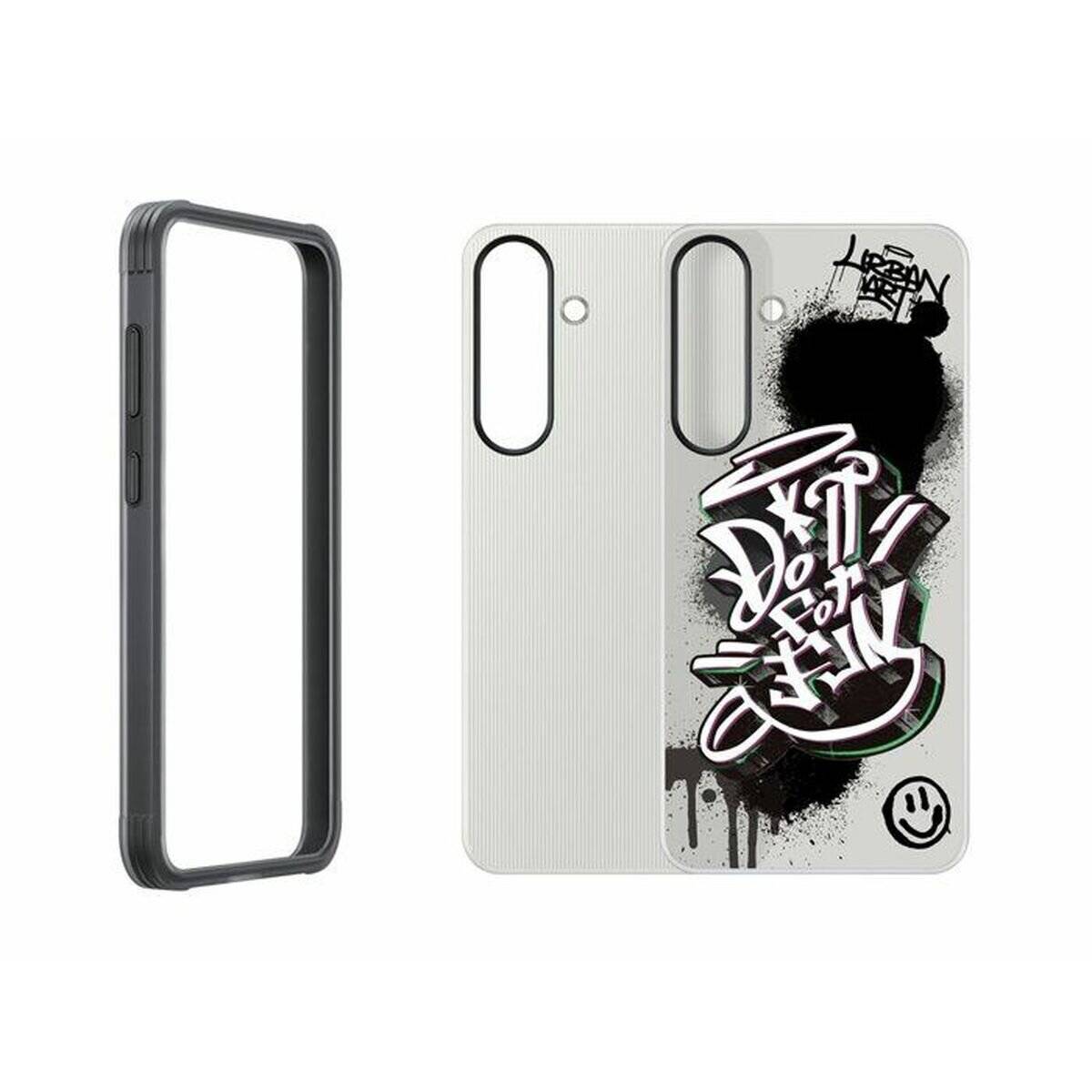 Zwei Smartphone-Hüllen werden gezeigt: eine einfache Hülle mit schwarzem Rand und eine andere mit Graffiti-Kunst, auf der in Schwarz und Weiß 