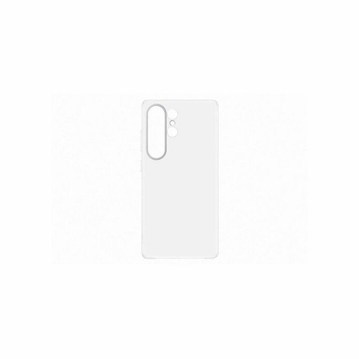 Eine transparente Handyhülle auf einem schlichten weißen Hintergrund, mit Aussparungen für Kamera und Tasten, entworfen für ein modernes Smartphone.