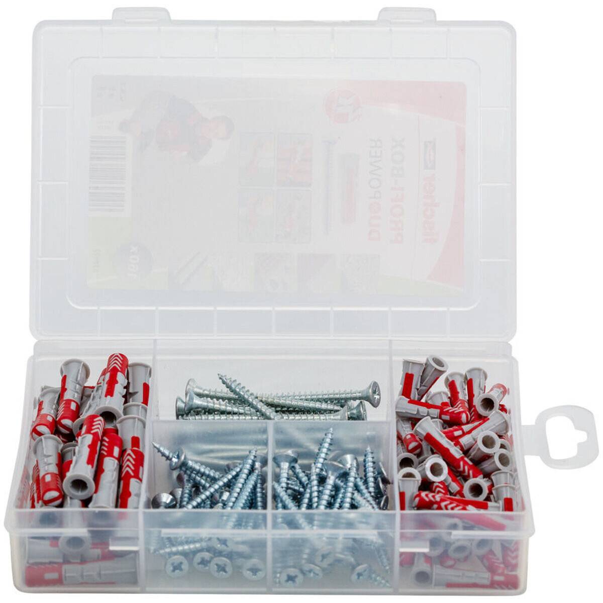 Kunststoffbox mit sortierten Schrauben und Dübeln, die in Fächern organisiert ist und für DIY-Projekte und Heimreparaturen geeignet ist.