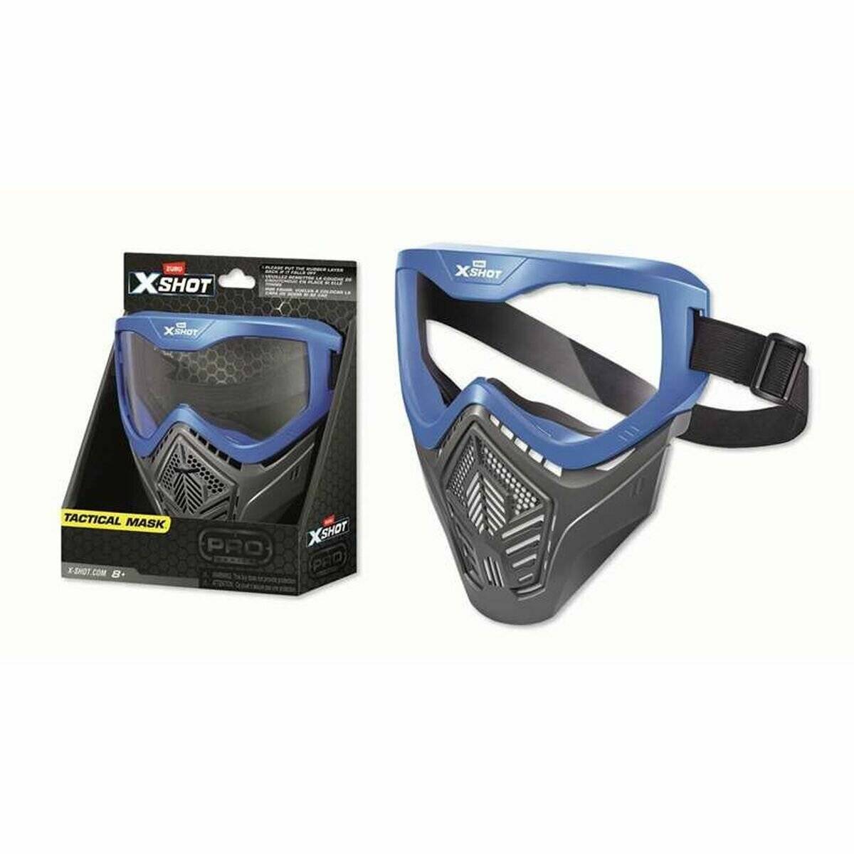 Blaue und schwarze taktische Maske mit verstellbarem Riemen, daneben die Verpackung mit der Aufschrift 
