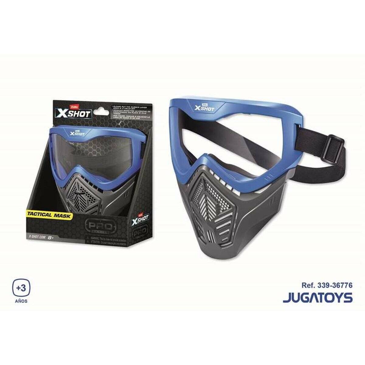 Eine Verpackung und Ansicht einer X-Shot taktischen Maske mit blau-schwarzem Design und einem Gurt, geeignet für Kinder ab 3 Jahren.
