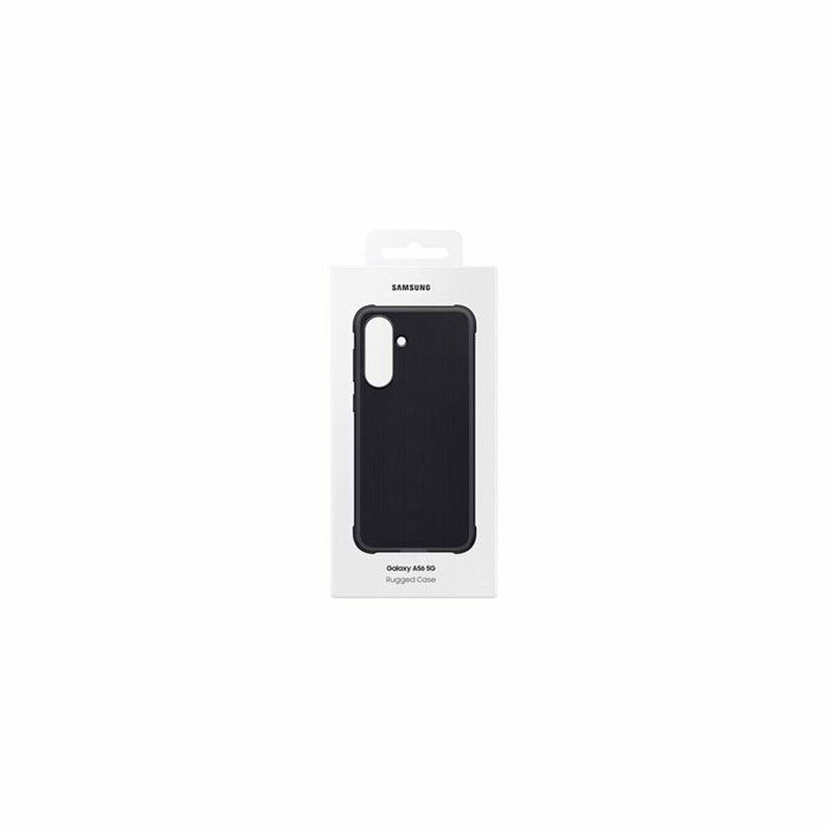 Schwarze Handyhülle in einer weißen Schachtel verpackt, mit der Beschriftung 'Samsung' am oberen Rand und dem Text 'Galaxy A40/A30 Robuste Hülle' unterhalb des Bildes.