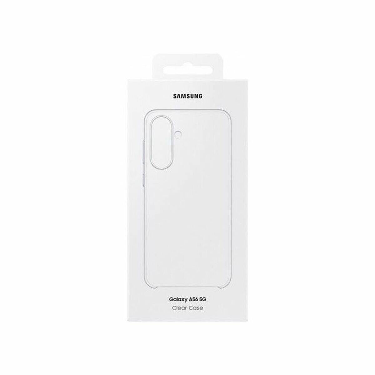 Samsung Galaxy A54 5G Clear Case - Verpackung zeigt ein minimalistisches Design mit einer Handyhülle-Silhouette, die Kompatibilität und Markenidentität anzeigt.