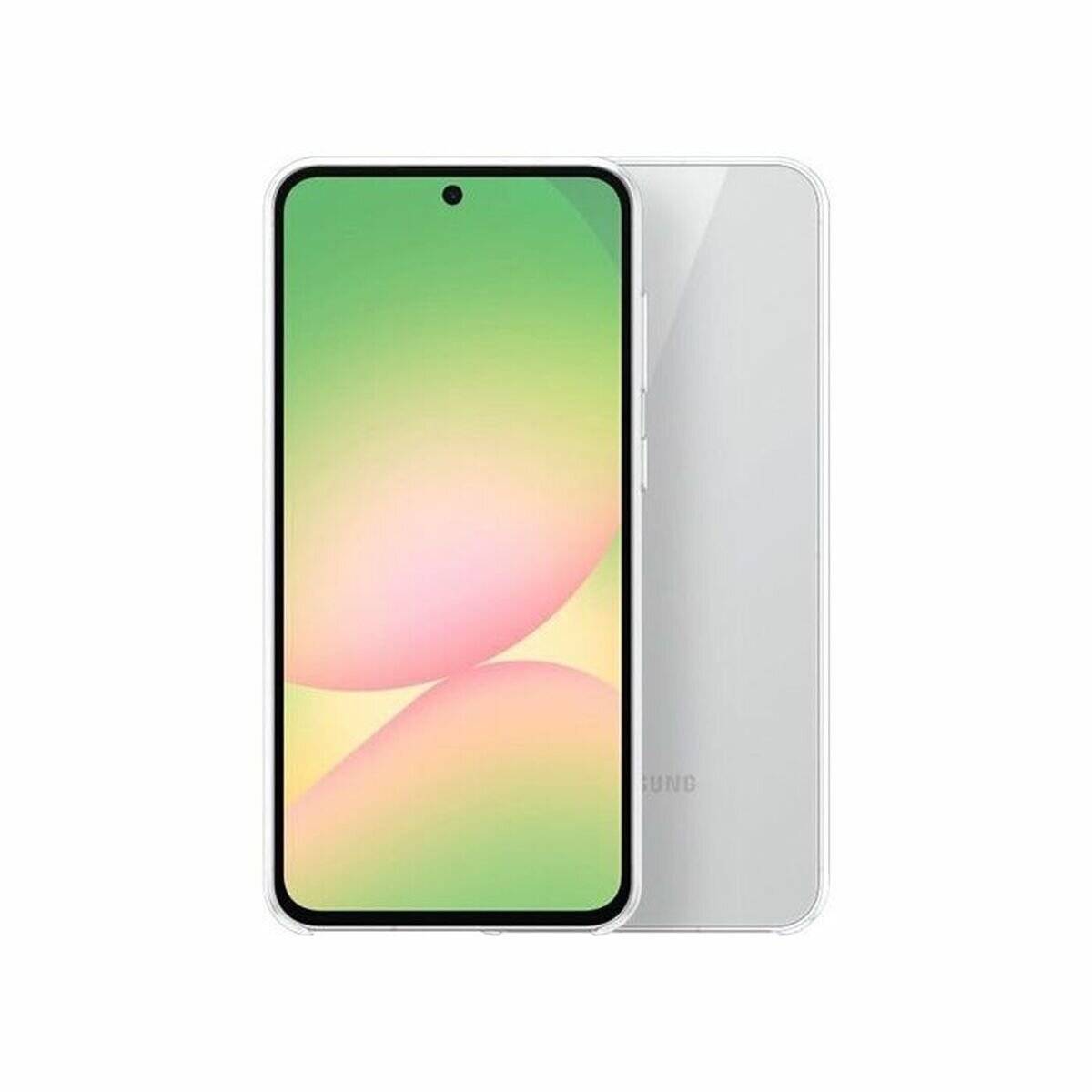 Ein Smartphone mit einem vorderen Display, das einen grün-pinken abstrakten Hintergrund zeigt, zusammen mit einer transparenten Rückansicht.