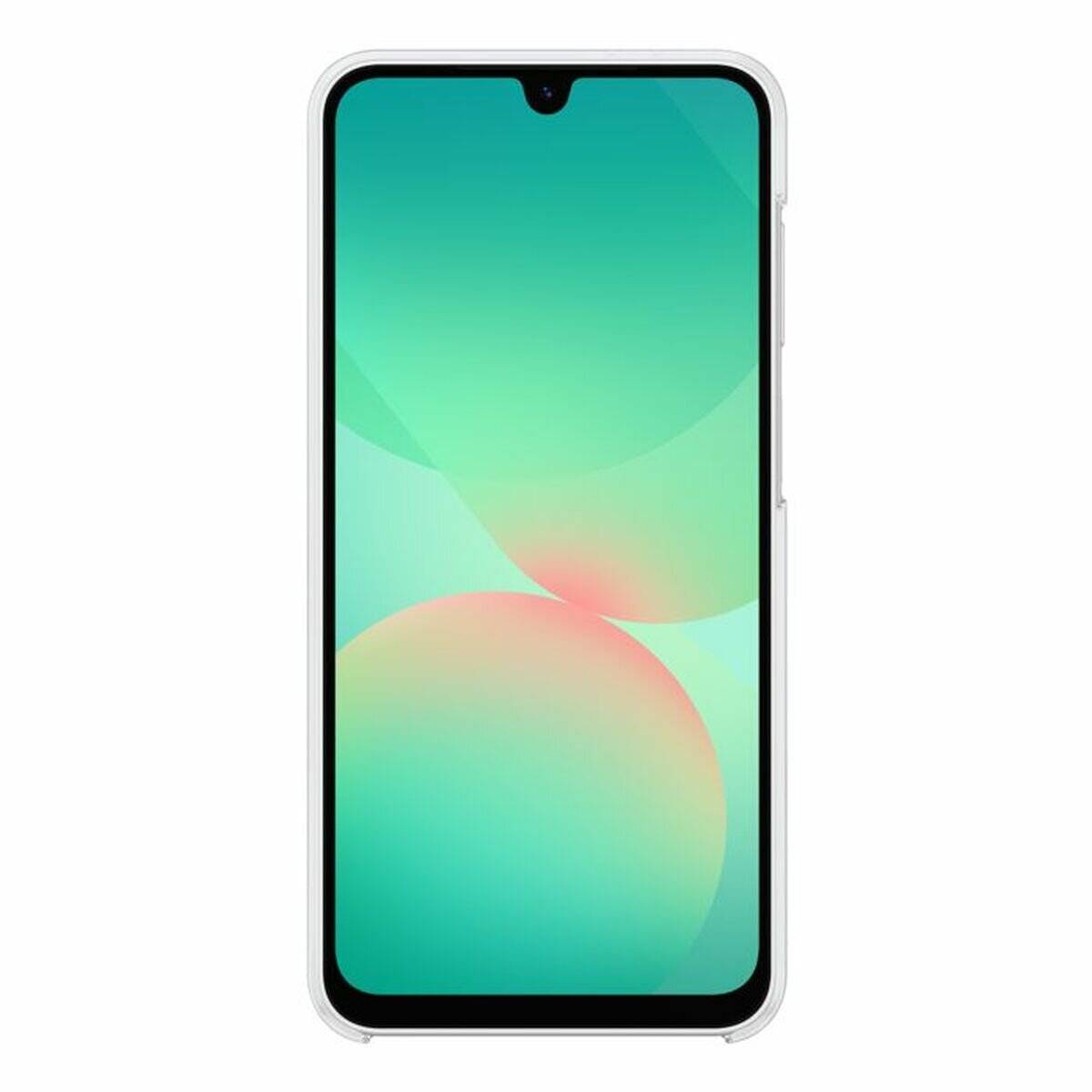 Ein Smartphone mit einer Tropfenkerbe auf dem Bildschirm, das einen abstrakten grünen und pfirsichfarbenen Verlaufshintergrund zeigt.