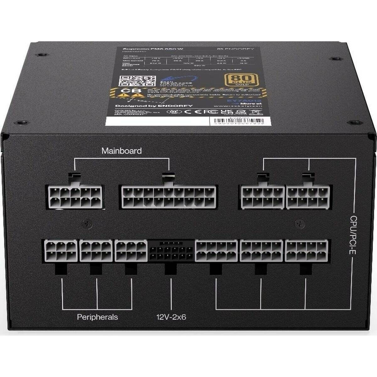 Eine schwarze Computernetzteile, die verschiedene beschriftete Anschlüsse für Mainboard, Peripheriegeräte und Ausgänge zeigt und damit die primären Funktionen anzeigt.