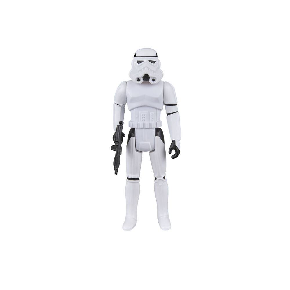Eine weiße Plastikfigur, die einem futuristischen Soldaten ähnelt, hält einen schwarzen Blaster und steht aufrecht vor einem schlichten weißen Hintergrund.