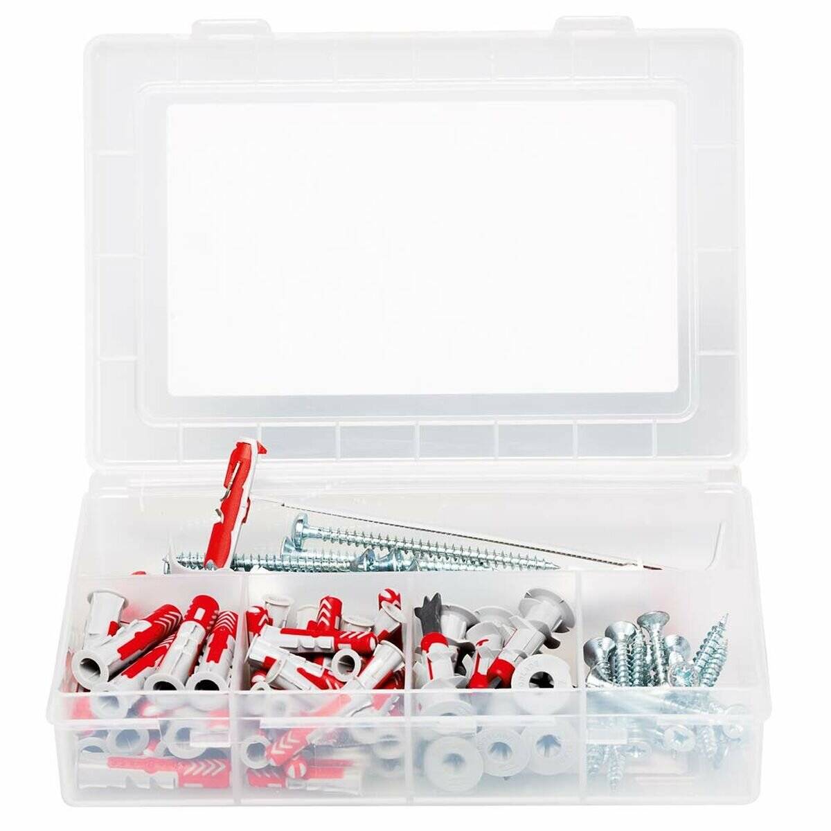 Eine durchsichtige Kunststoffbox mit sortierten Schrauben, Dübeln und Befestigungsankern, in Fächern organisiert für einfachen Zugang und Aufbewahrung.