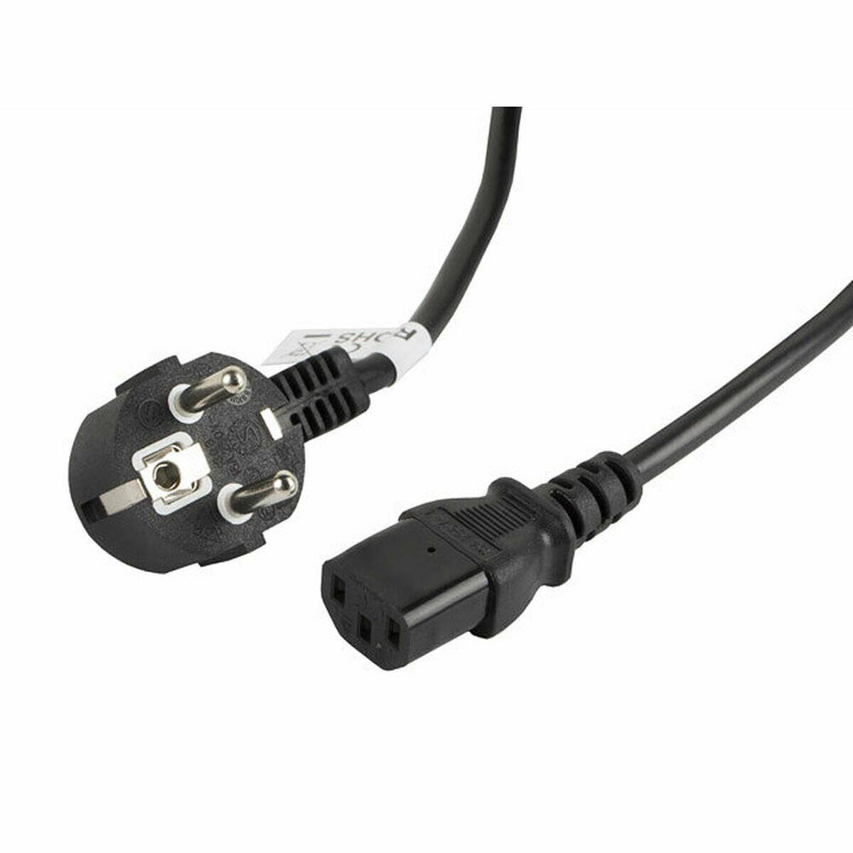 Ein schwarzes Netzkabel mit einem EU-Stecker auf der einen Seite und einem C13-Anschluss auf der anderen Seite, verwendet zum Stromversorgen elektronischer Geräte.