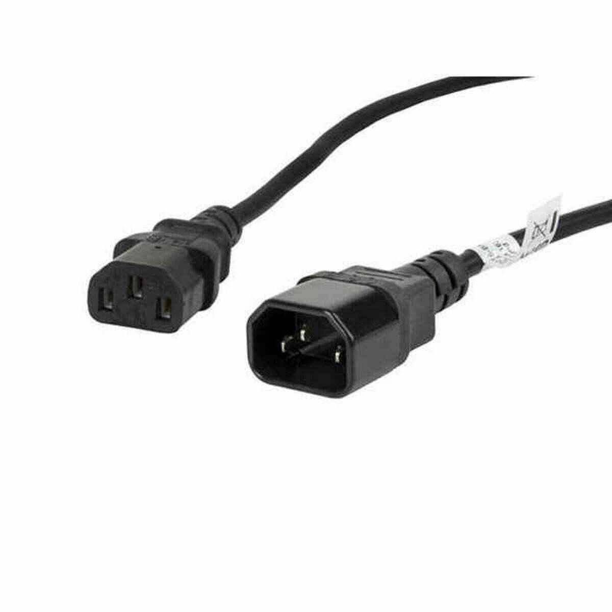 Netzadapterkabel mit zwei Anschlüssen für elektrische Geräte, einen männlichen (rechts) und einen weiblichen (links), vor einem weißen Hintergrund.