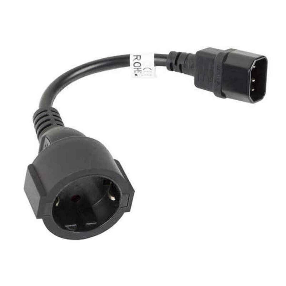 Ein schwarzes Netzkabel mit einem europäischen Stecker auf der einen Seite und einem IEC-Stecker auf der anderen Seite, verwendet für elektrische Verbindungen.