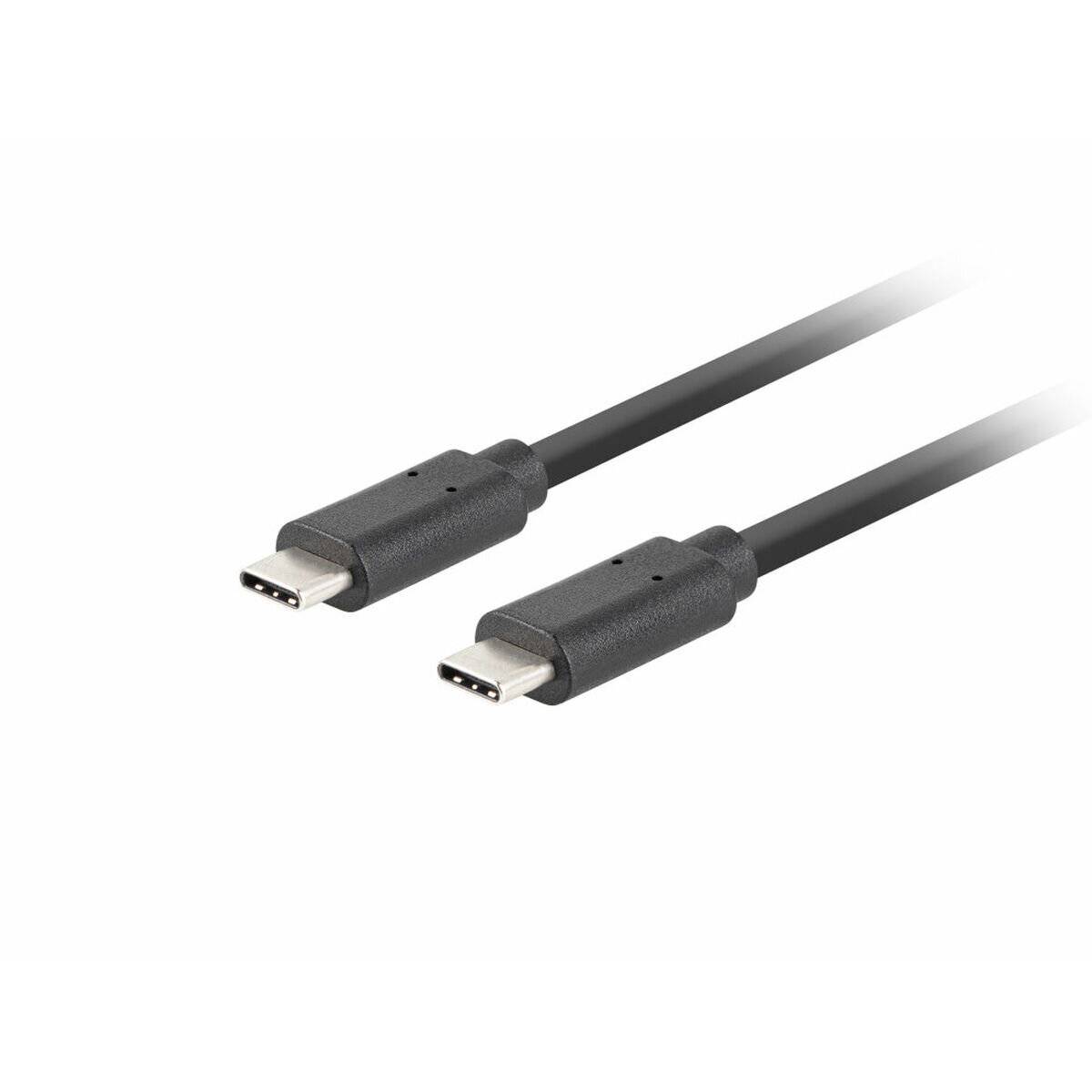 Zwei schwarze USB-C-Kabel mit identischen Steckern, die einander gegenüberliegen, werden zum Laden oder Datenaustausch zwischen kompatiblen Geräten verwendet.