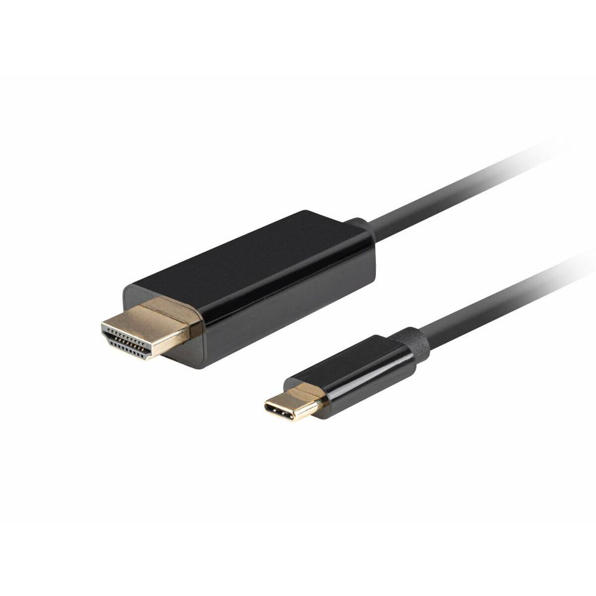 Ein schwarzes HDMI-zu-USB-C-Kabel, das die Anschlüsse an beiden Enden hervorhebt.