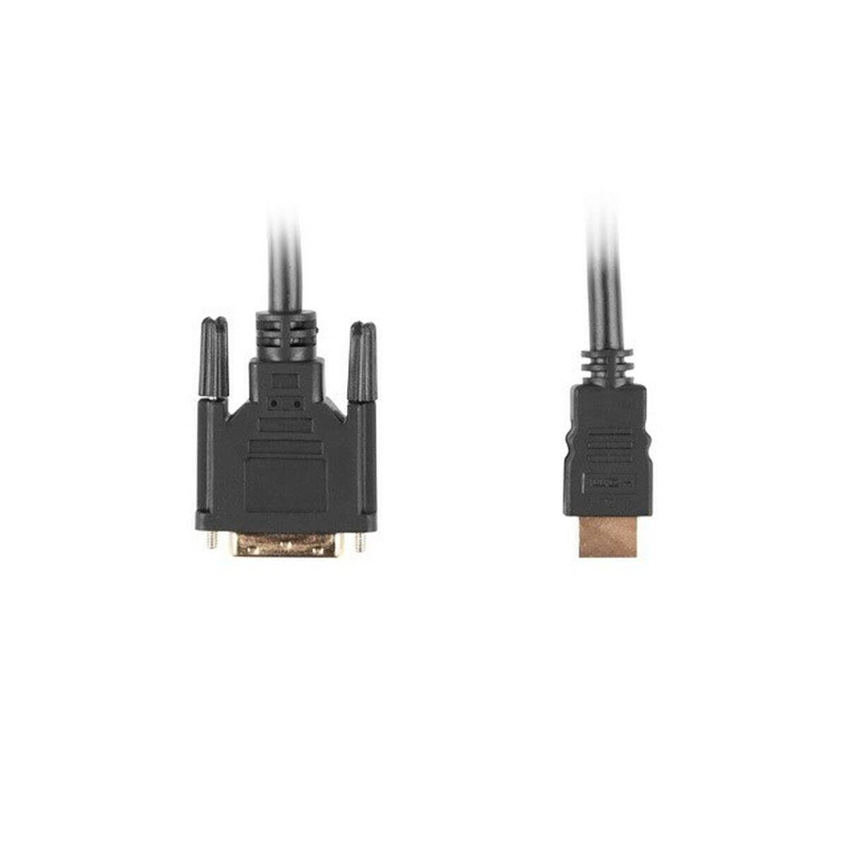 Bild zeigt zwei Kabelenden: einen DVI-Anschluss links und einen HDMI-Anschluss rechts vor einem weißen Hintergrund.