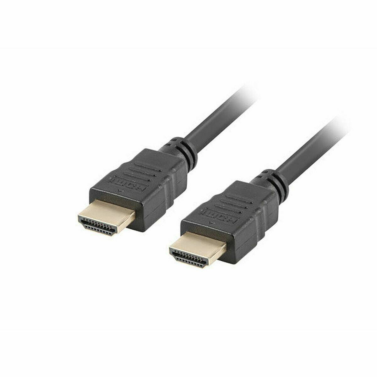Zwei schwarze HDMI-Kabel mit goldenen Anschlüssen werden nebeneinander vor einem weißen Hintergrund abgebildet.