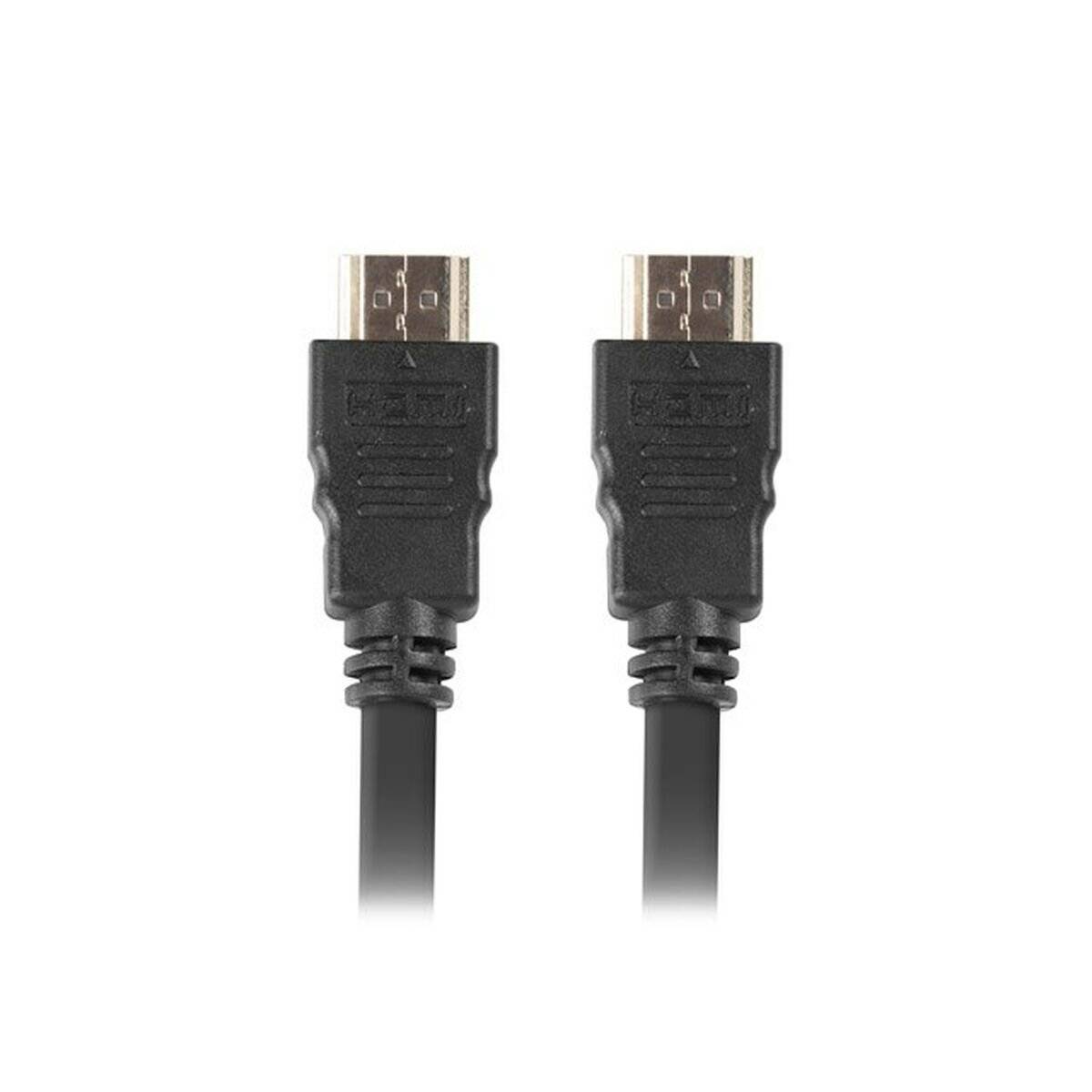 Zwei schwarze HDMI-Kabel mit nach oben gerichteten männlichen Anschlüssen, die üblicherweise zur Übertragung von hochauflösenden Video- und Audiosignalen verwendet werden.
