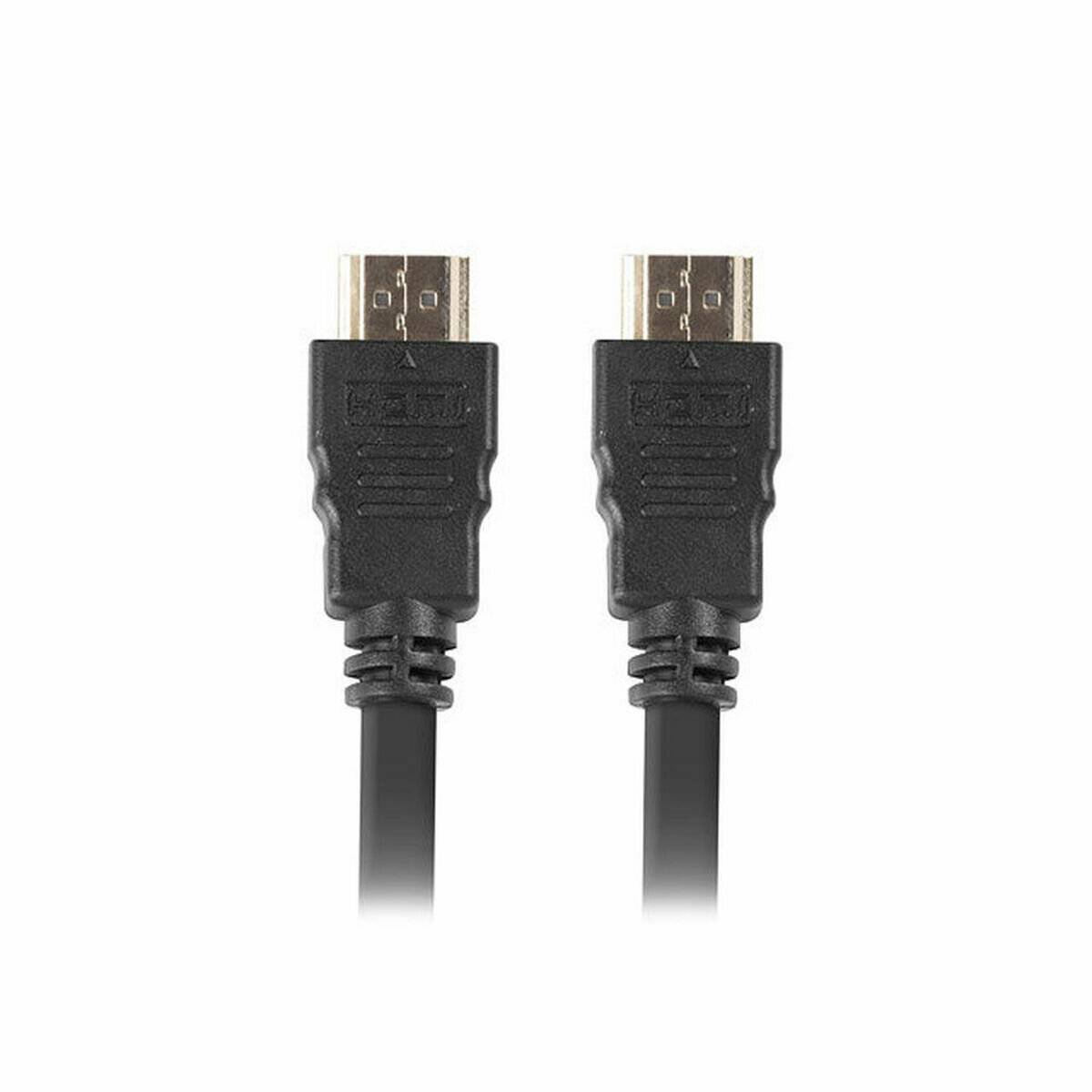 Ein schwarzes HDMI-Kabel mit Anschlüssen an beiden Enden, verwendet zum Übertragen von hochauflösenden Video- und Audiosignalen zwischen Geräten.