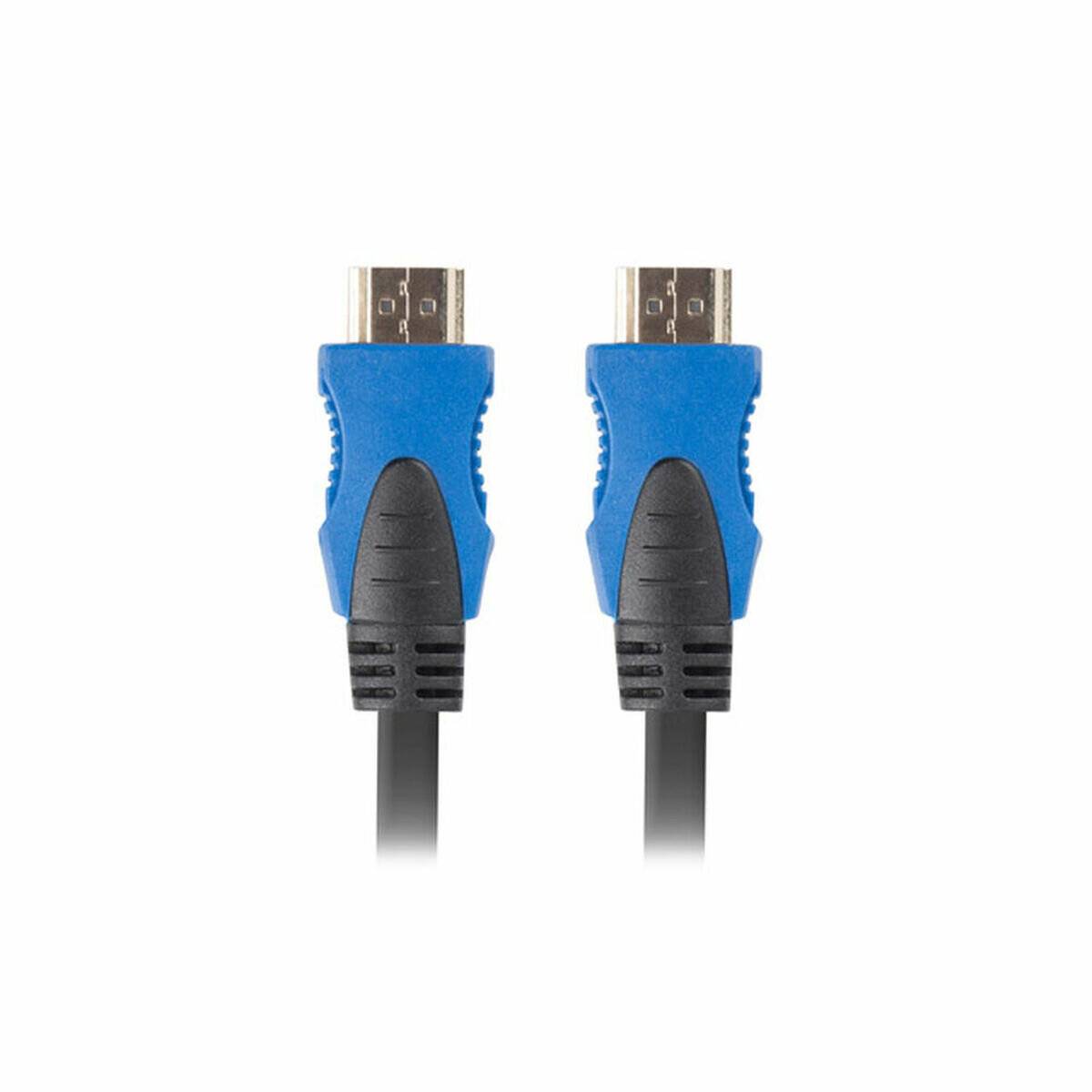 Zwei HDMI-Kabel mit blauen und schwarzen Steckern, die sich auf einem weißen Hintergrund gegenüberliegen.